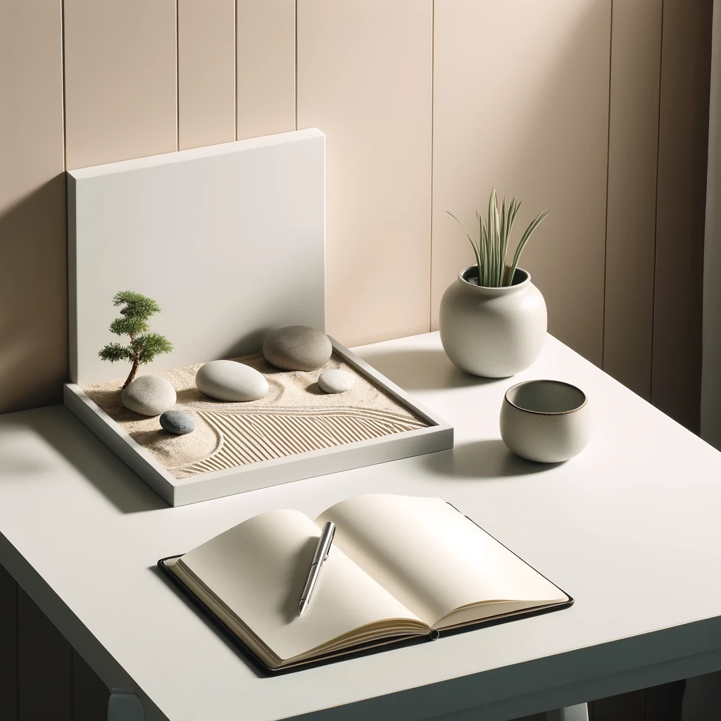 a tranquil and focused workspace that enhances creativity through meditation