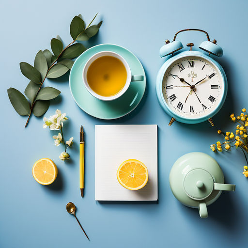 a flatlay with morning tea and lemon, clock, and journal