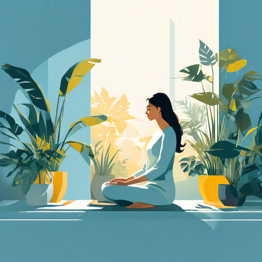 a woman sitting in a well-lit room meditating among flowers