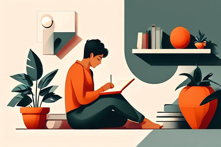 a mindful calm person journaling at home, sitting on the floor