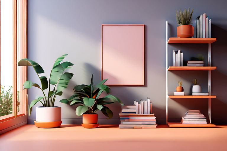 a tranquil well-lit room in pastel colors with plants and books