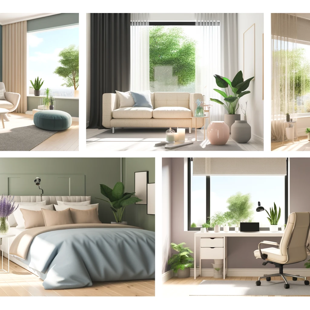 cozy space with calming pastel light walls, high-quality materials