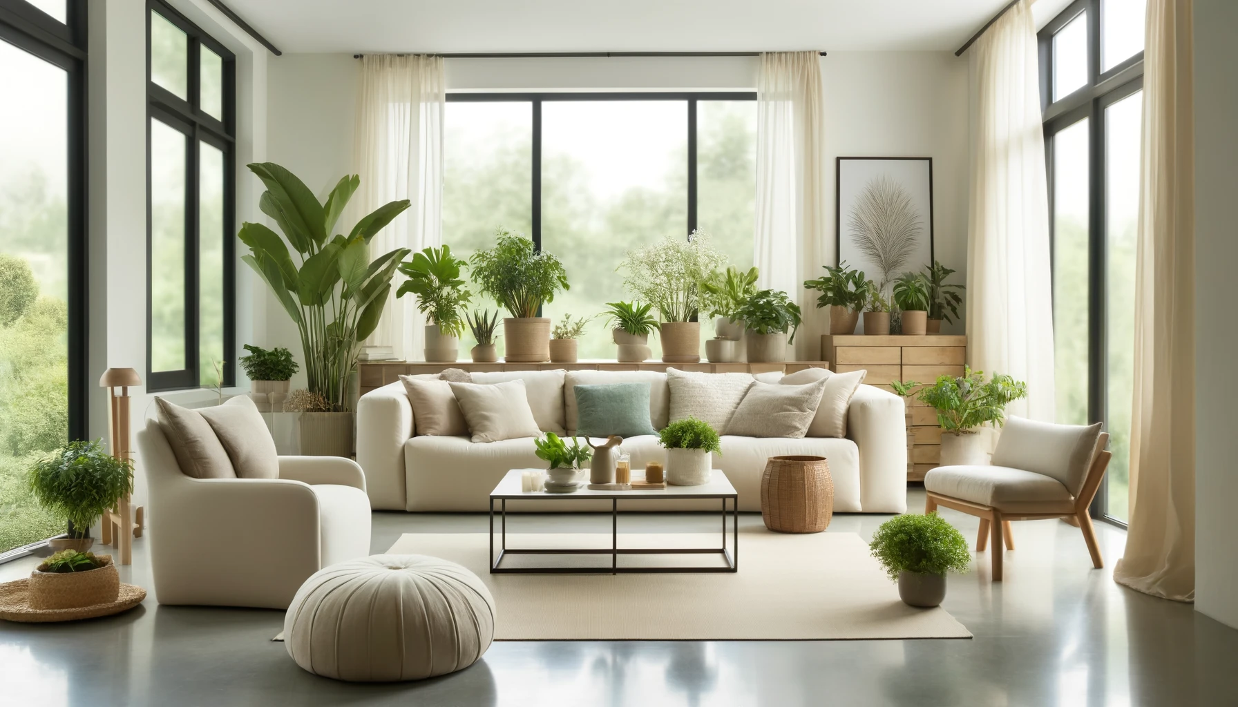 a beautifully arranged living room that embodies tranquility and mindfulness