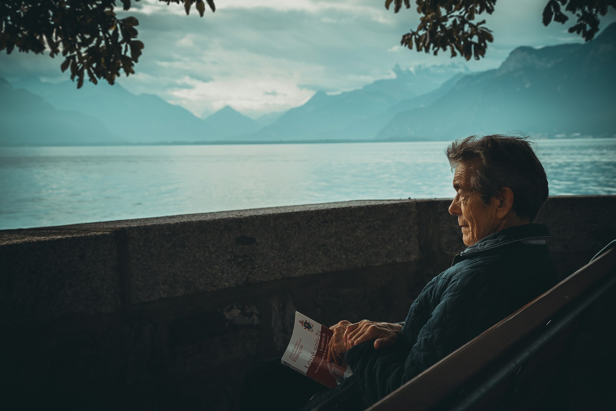 a senior mindful man sitting near the lake reading a book