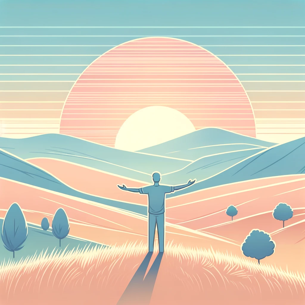a person standing among the hills looking on a sunset