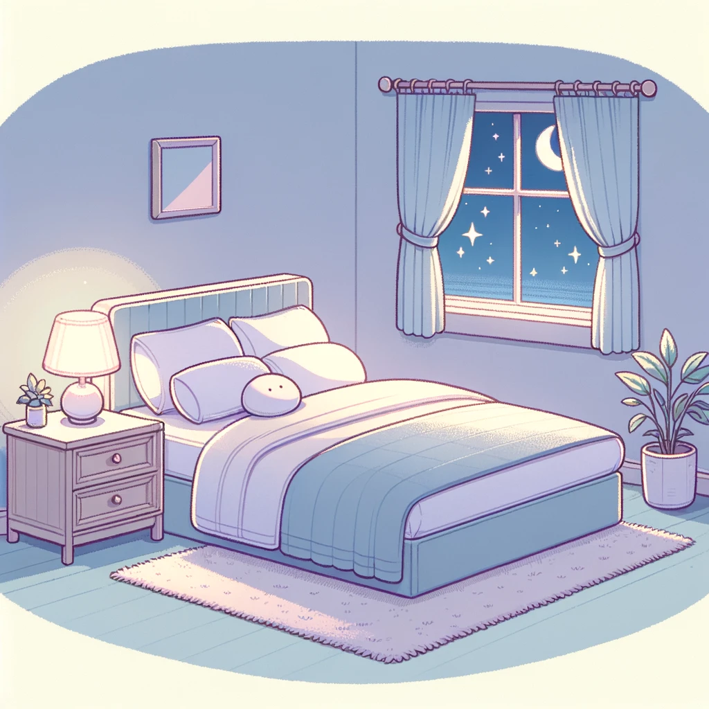 a bed in a calm room in pastel colors