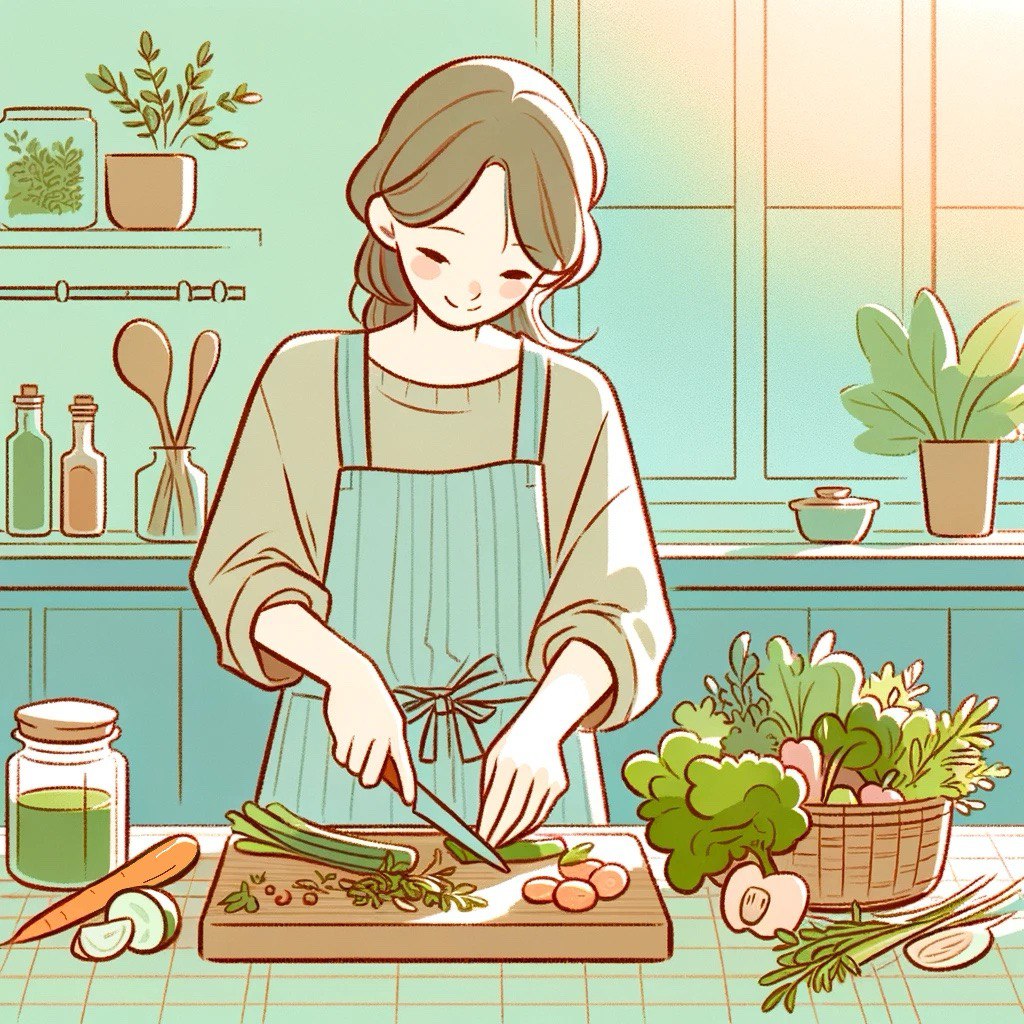 a woman in the kitchen mindfully cooking vegetables